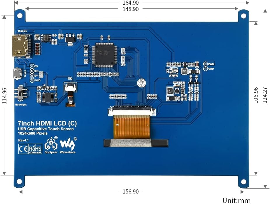 WaveShare 7 אינץ 'HDMI LCD IPS מסך מגע קיבולי 1024 × 600 צג תצוגה עבור כל REV Raspberry Pi 4B/3B+/3B/2B/B+/A+/אפס,