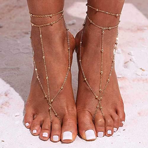 2 יחידות שכבות צמיד חרוז יחף סנדלי קרסול צמידי טבעת רגל שרשרת תכשיטי עבור נשים ובנות