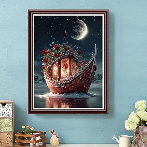 ציור יהלום לבן ערכות ספינות ירח למבוגרים, סירה ורד עגול ערכות ציור יהלומים מלאות, ציור יהלום