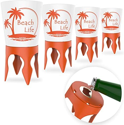 אביזרי חופשת חוף, 4 מחזיקי כוסות חוף חול עם פותחן בקבוקים ודוקרנים, מחזיק משקאות חוף כוסות ספייק