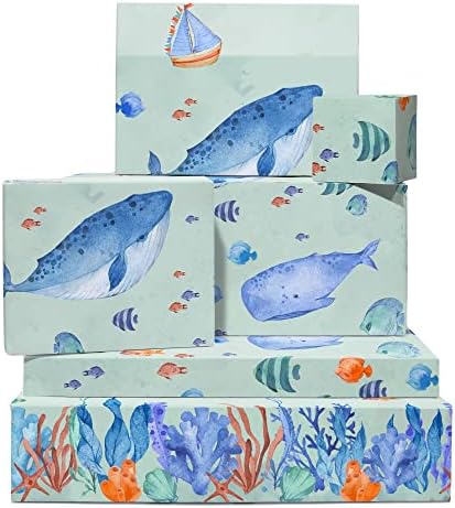 מרכזי 23 כחול גלישת נייר לילדים - 6 גיליונות של מתנה לעטוף ותגים-צבעי מים לווייתן ודגים-יום הולדת בנות ובני