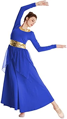 REXREII נשים שבח ריקוד חלוק מטאלי מותן רצועת שרוול ארוך שמלת פולחן ליטורגי חצאית שיפון תחפושת לירית