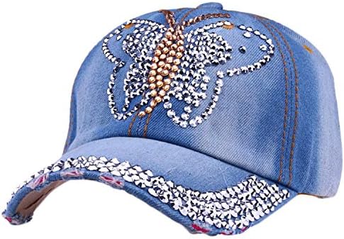 Andongnywell פרפר ג'ינס כובע בייסבול נשים קריסטל ריינסטון סנאפבק כובעים בלינג מכנסי ג'ינס במצוקה