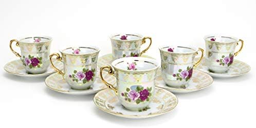 יורו פורצלן 12-מחשב.ערכת קפה כוס תה ותחתית ורדים, תבנית פרחונית לבנה פנינה עם מבטאים מצופים זהב 24 קראט, שירות