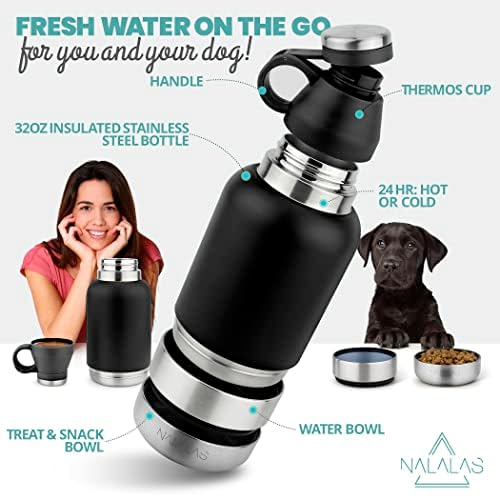 NALALAS 3 ב 1 בקבוק מים כלבים ניידים - בקבוק מים מבודד 32oZ עם קערת מים כלבים וקערת אוכל - כלב