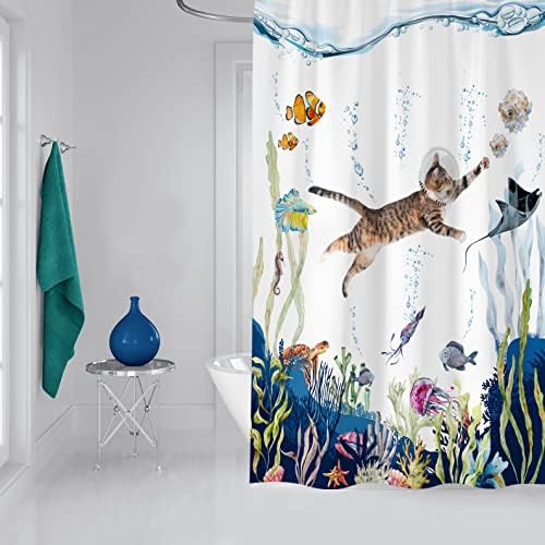 Zokyer וילון מקלחת חתול מצחיק ים כחול אוקיינוס ​​מתחת למים צב צב תמנון כוכבי ים מדוזה עמיד למים עיצוב אמבטיה