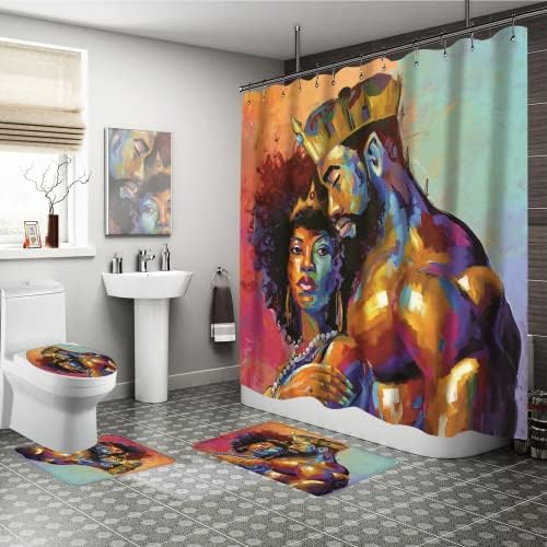4 מחשבים מערכים וילון מקלחת קינג ומלכה אפריקני אמריקני עם שטיחים שאינם החלקה, כיסוי מכסה אסלה ומטלת אמבטיה, וילון