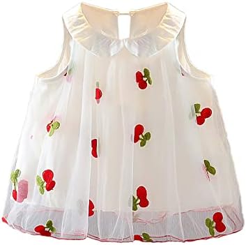 פעוט ילדה להתלבש קיץ תינוק בנות לבן אופנה רשת דובדבן הדפסת שרוולים אפוד קו שמלה עבור בנות
