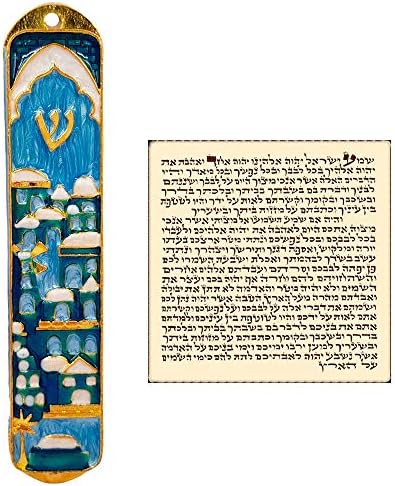 Talisman4u אמייל כחול מארז מזוזה יהודי עם מגילה ירושלים ישראל דלת יהודה מזוזה 4 אינץ '
