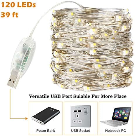 אורות פיות LED USB מופעלים 39ft 120 120 LED RGB ואורות פיות לבנים חמים לחדר שינה, אורות פיות מחלקת צבעים