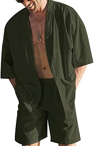 2 חלקים לגברים סט פשתן הנלי חולצה שרוול קצר ומכנסיים קצרים חוף קיץ יוגה תלבושות תואמות