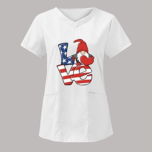 חולצת טי 4 ביולי לנשים דגל אמריקאי שרוול קצר של שרוול קצר V צוואר צוואר עם 2 כיסים חולצות לבוש עבודה