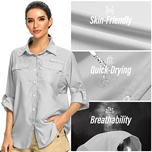 UPF לנשים 50 חולצות ספארי שרוול ארוך, הגנת שמש מהירה מהירה של חולצת גינון לדיג חיצוני