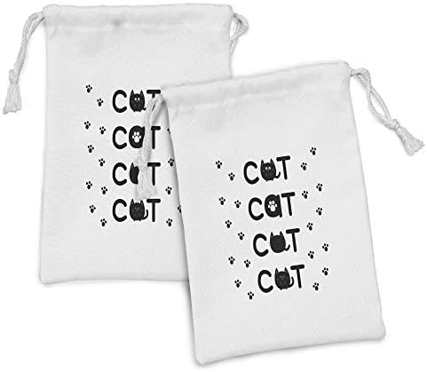סט כיס בדים של אמבסון קיטי סט של 2, טקסט חתול מתוך חתולים בצורת עגולים עם הדפסי כפה קטנים בשחור לבן,