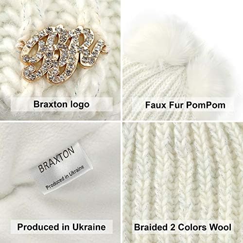 נשים כפות Braxton - 2 אוזניים פום כבל סרוג חורף כובע פליס חם - צמר שלג כובע סקי חיצוני