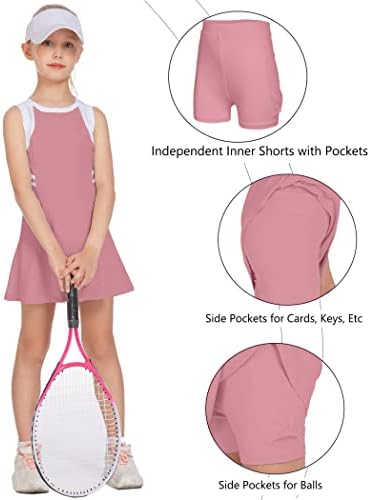 שמלות טניס נוער של HOPEAC נוער שמלות תלבושת גולף ללא שרוולים שמלת ספורט עם כיסי מכנסיים קצרים