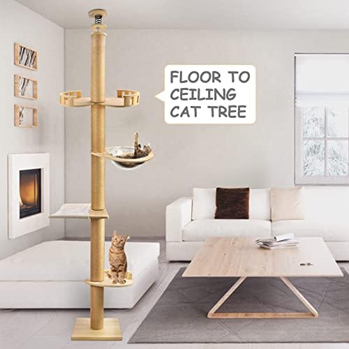 הופרן רצפה-כדי-תקרת חתול עץ 4-שכבה חתול טיפוס מגדל עם ערסל, גדר מקפצה, קפסולת חלל, גדר תצפית, טבעי סיסל חבל