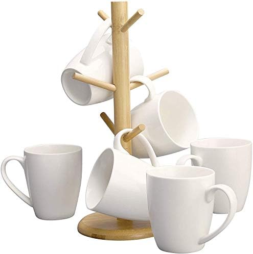 סט ספל קפה דקורדין של 6 כוסות קפה קרמיות 16 עוז. אלגנטי לבן עם מעמד-ספל מחזיק עץ-עץ ארגונית מתלה עם