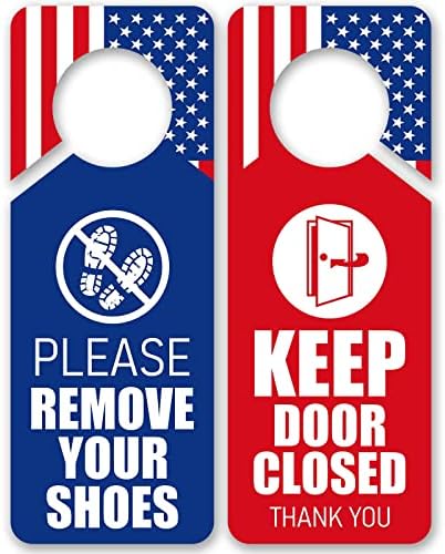 הסר את הנעליים שלך דלתות קול קולב שמור על דלת סגורה שלט דלת עיצוב דגל אמריקאי 3.35 x 8.86-דו צדדי 2 חבילה