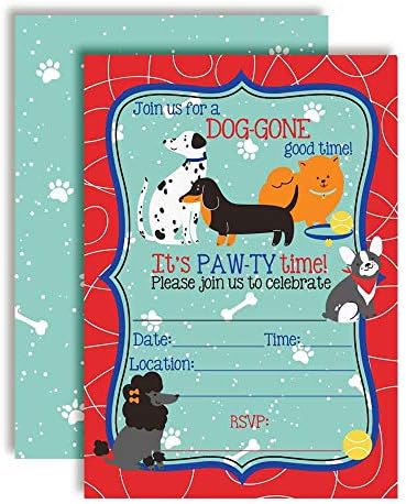 כלב-נען זמן טוב הזמנות למסיבת יום הולדת עם כלבים לילדים, 20 5 x7 מלא קלפים עם עשרים מעטפות לבנות על