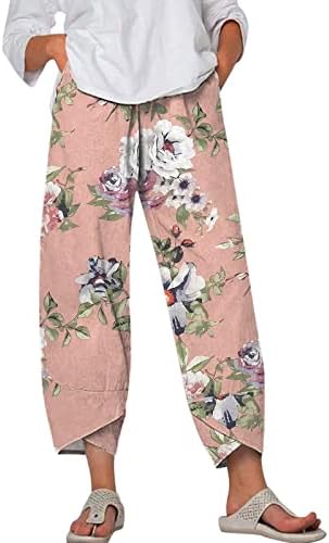 ZDFER כותנה לנשים פשתן פשתן אלסטיות מכנסיים המותניים הדפסים מכנסי טרנינג קצוצים של מטען עם מכנסי קפרי קז'ואיים
