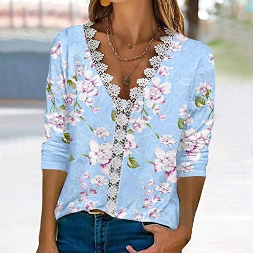 נשים קיץ חולצה אלגנטית חולצה סרוגה תחרה חולצות פרחוני הדפסת 3/4 שרוולים טי חולצות 2023 מקרית חולצות