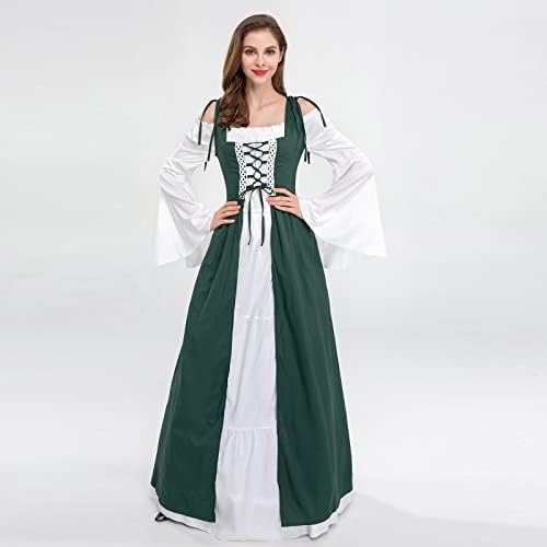 NARHBRG נשים שמלות רנסנס תחפושת ימי הביניים אירית מעל שמלה ושרוולי חצוצרה כימיה בוהו מהכתף מקסי לונג ארוך