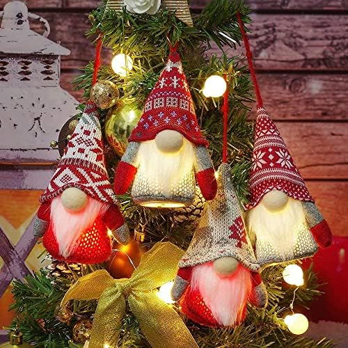 גנום חג המולד קישוטי תלייה עם אורות, קישוטים של סנטה אלף שוודים בעבודת יד, קישוטים לסנטה שדון, קישוטים