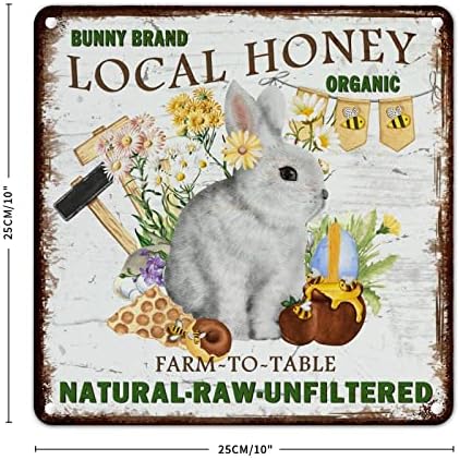 WOGUANGIS שלט קיר מתכת כפרי חווה דבורים ארנב ביצי פסחא שלט פרח אביב דבש מקומי ארנב פסח