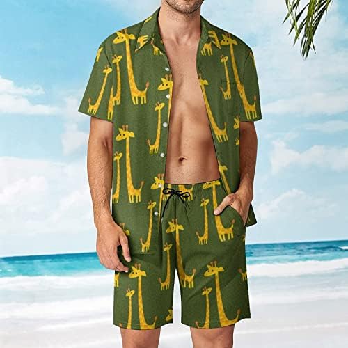 Baikutouan Cartoon Gicraffe לגברים 2 חלקים חליפות הוואי חליפות כפתור רופף מזדמן למטה וחוף חוף תלבושות חופשה