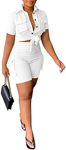 נשות Olycelak קיץ 2 מכנסיים קצרים מכנסי דש כפתור מטה עניבת קשר חולצה קדמית חולצה קדמית מותניים בגוף מכנסיים קצרים
