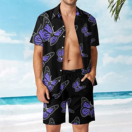 פרפר סגול של גברים הוואי הוואי, חולצות שרוול קצר ומכנסיים תלבושות חוף קיץ רופפות אימונית מתאימה