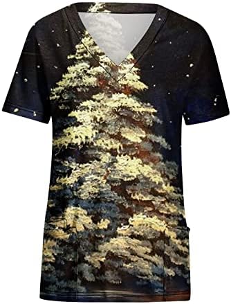 עץ חג המולד של נשים קרצוף צמרות עבודות חג חמודות עם כיסים חולצות עבודה שרוול קצר V