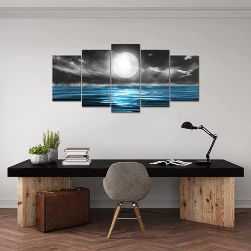 5 פנלים בד קיר אמנות ירח ים אוקיינוס נוף תמונות הדפסת שחור לבן כחול החוף ציורי מודרני נוף ימי