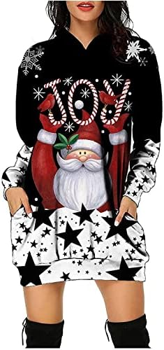 שמלת חג המולד של Nokmopo לנשים אופנה הדפס חג המולד מזדמן דפוס שרוול ארוך שמלת ברדס עם שמלת ברדס