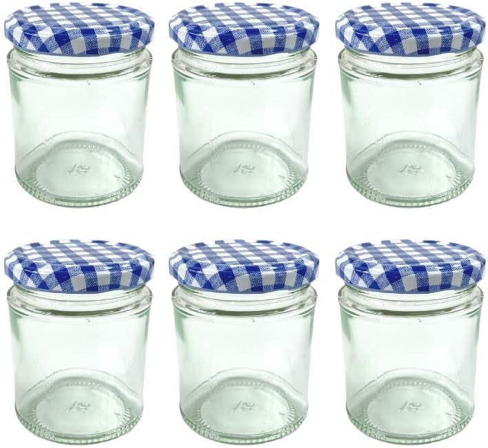 6 צנצנות ריבה מזכוכית עגולה של נאטלי + מכסי ג ' ינגהם כחולים: 190 מ