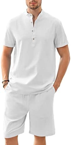 Gafeng Mens 2 חתיכות פשתן כותנה סטים שרוול קצר חולצת הנלי שרוך מכנסיים קצרים תלבושות חוף קיץ מזדמנים