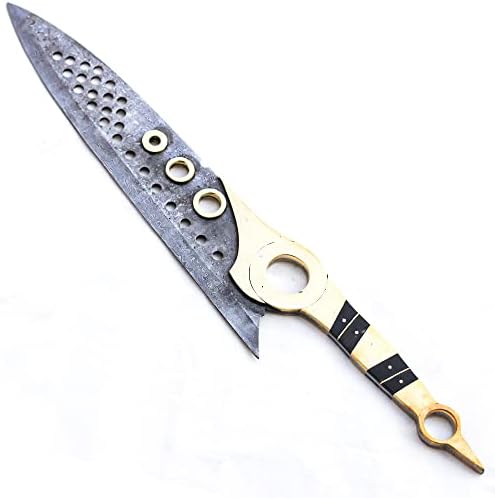 פסק279-סט סכיני מטבח דמשק, 4 חלקים, סט סכיני שף מקצועי חד במיוחד וידית פליז, סכין שף, סכין קופיץ,