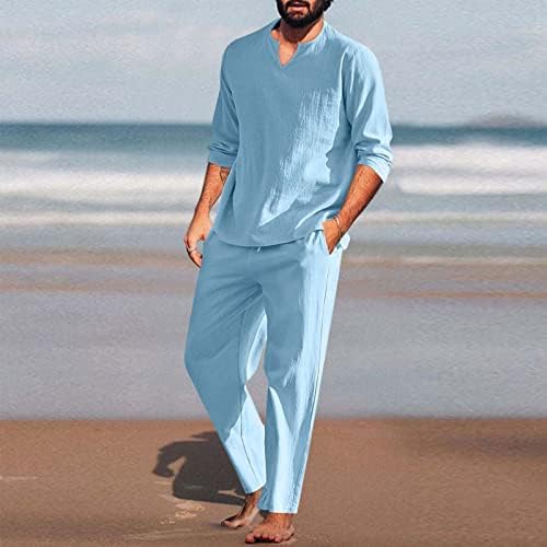 Mans Suite Men Pieces כותנה פשתן סט חולצת הנלי שרוול ארוך ומכנסי חוף מזדמנים חליפה קלאסית קיץ