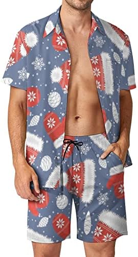כובעי חג המולד של Weedkeycat ותלבושות חוף לגברים כפפות 2 חלקים כפתור הוואי למטה חולצה קצרה שרוול ומכנסיים