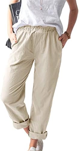 מכנסי פשתן כותנה לנשים ברגל ישרה קיץ חוף חוף אלסטי מכנסיים מכנסיים מכנסיים מכנסיים לבושיים מזדמנים