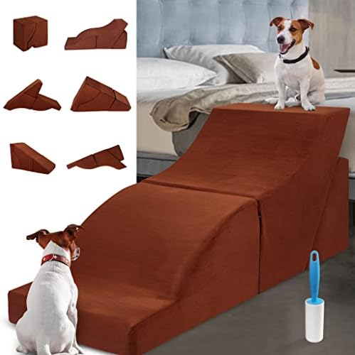 רמפת כלבי קצף, מדרגות כלבים רב-פונקציונליות למיטה גבוהה, מתקפל רמפת/סולם מחמד עם כיסוי זמש רך,