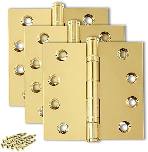 חומרת פינסברי דלת פליז מוצקה ציר כבד כבד נושאים זהב מבריק מלוטש 4x4 אינץ ' - סט של 3 צירים