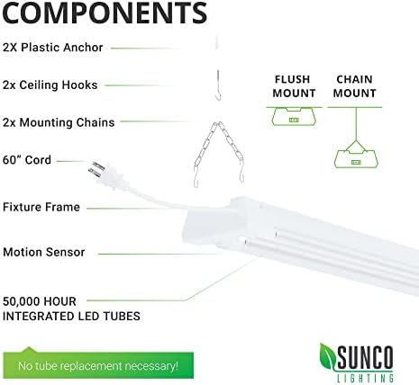 חיישן תנועה של Sunco 4ft Led Shop Light, אורות מוסך תקע LED תקע LED פנימה, 40W, 5000,000 אור יום, חלבית,