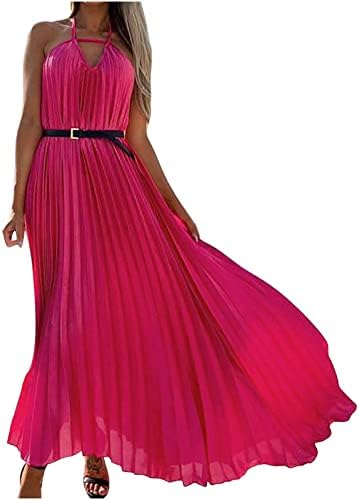 פרגרן נשים שמלות אורך מידי, נשים מקרית אופנה מוצק צבע קפלים ביריות מותניים ארוך שמלה עם חגורה