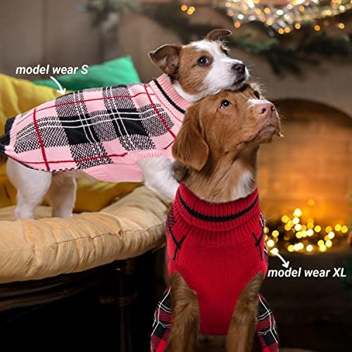 סוודר כלבים לכלב בינוני קטן - ורוד משובץ משובץ חג מולד חורף סוודר כלב אפוד למזג אוויר קר - צווארון גולף