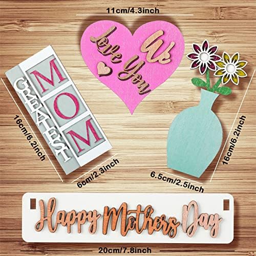 4 חתיכות שמח אמא של יום שכבות מגש אמא של יום שולחן סימן אמא של יום סידורי דקורטיבי פרחי שולחן דקור לב עץ דקור