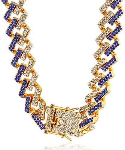 שרשרת הזהב של Halukakah קרויה לכלבים גדולים, צווארון שרשרת קישור קובני יהלום 14 ממ 18K יהלומים כחולים