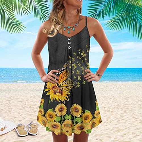 נשים קיץ מקרית צווארון פרחוני מיני שמלה ללא שרוולים ספגטי רצועת כפתור שמלת אונליין נדנדה קצר