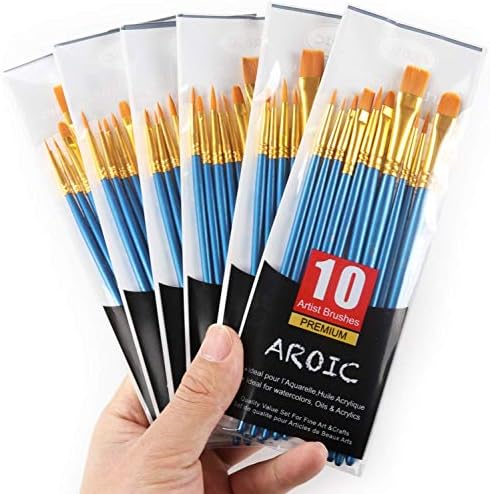 אקריליק מברשת צבע סט, 6 חבילות / 60 יחידות ניילון שיער מברשות לכל המטרה שמן בצבעי מים ציור אמן מקצועי